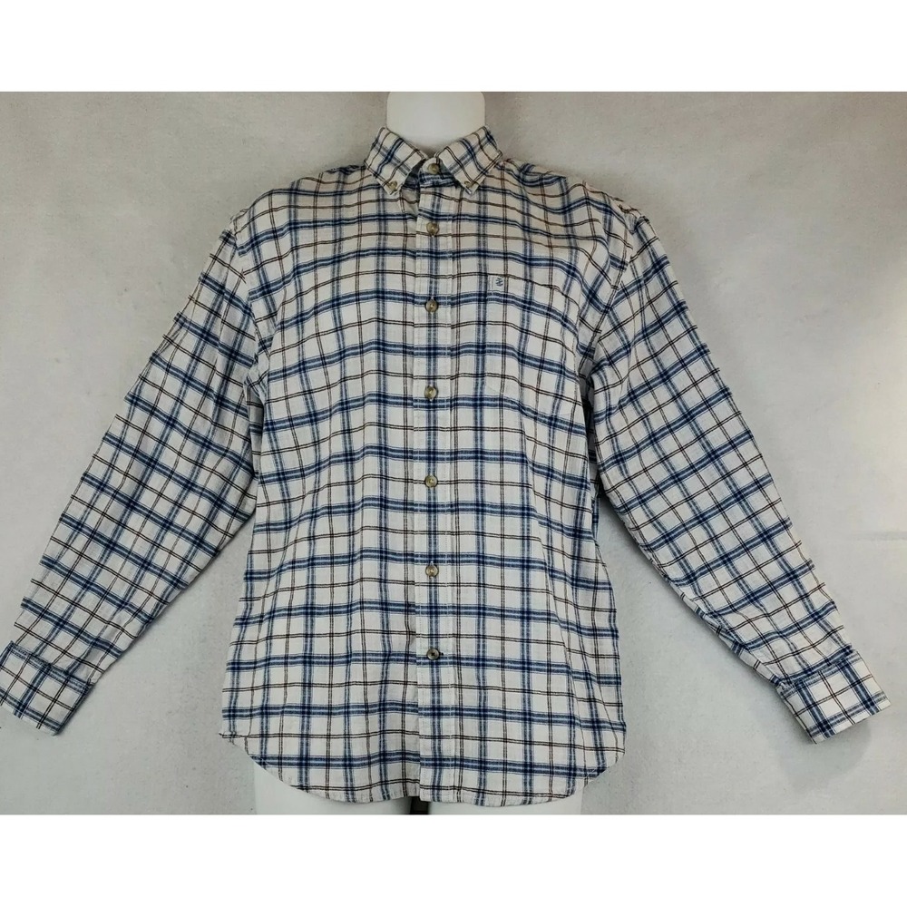 IZOD Mens M Button Down Shirt White Blue Plaid Long Sleeve Casual Cotton